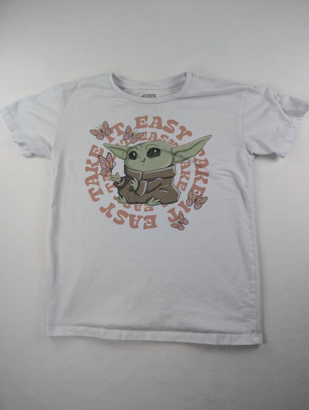 Title: Star Wars Grogu Baby Yoda Easy Peasy Butterfly Graphic Tee Kids L 10/12